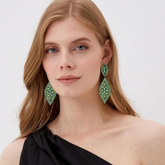 Carbon Black with Green AB Crystal Double Leaf Chandelier Post Back Earrings - Picture 4 of 6